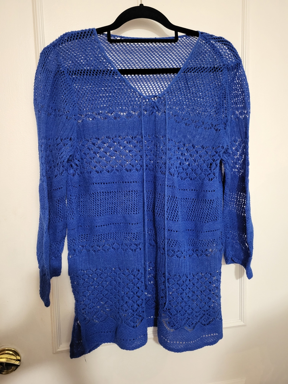 Chico's Boho Royal Blue Crochet Open Knit Crochet Tunic Top 3/4 Sleeve Size L